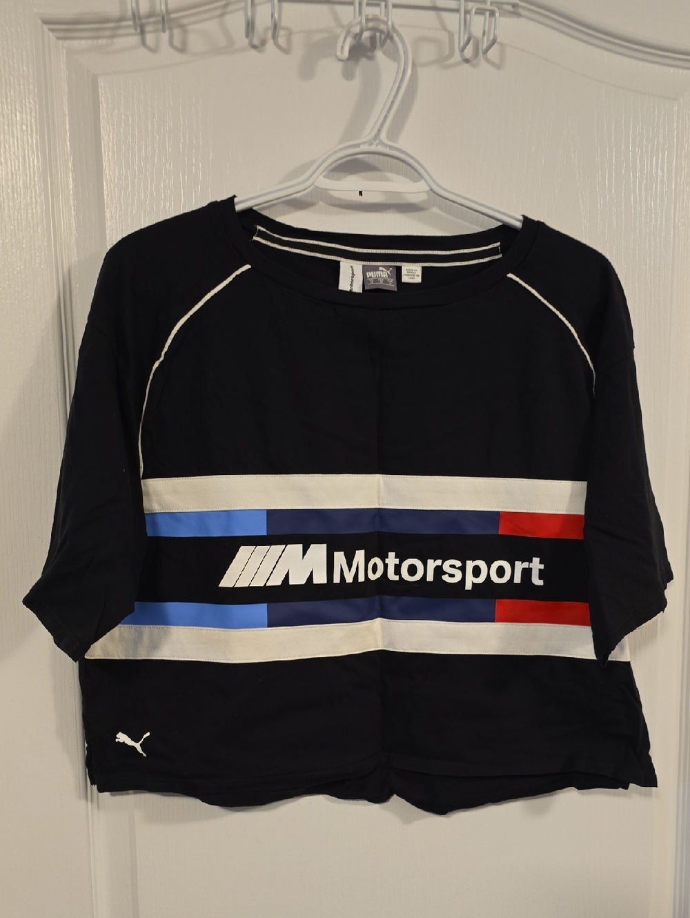 Puma Black BMW M Motorsport Short Sleeve Tee with Blue and Red Stripes